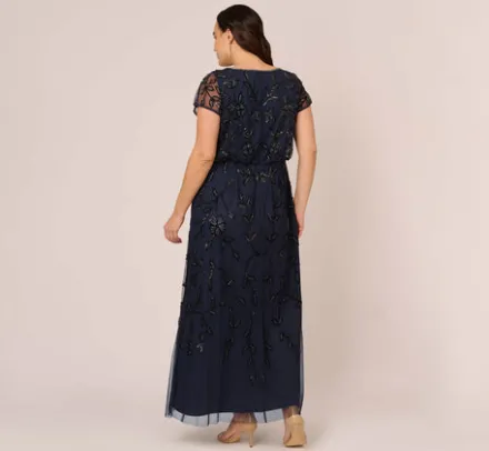 Adrianna Papell Wedding Guest Dresses|Formal Dresses*Plus Size Jasmine Beaded Blouson Gown With Sheer Short Sleeves In Navy Black