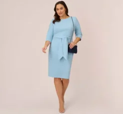 Adrianna Papell Wedding Guest Dresses|Day Dresses*Plus Size Knit Crepe Bow Sheath Dress With Three Quarter Sleeves In Blue Mist