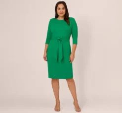 Adrianna Papell Wedding Guest Dresses|Day Dresses*Plus Size Knit Crepe Bow Sheath Dress With Three Quarter Sleeves In Vivid Green