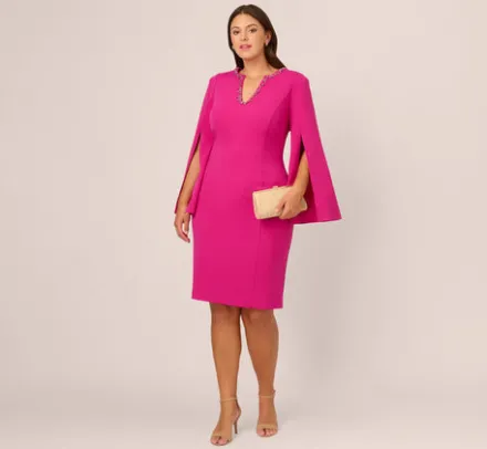 Adrianna Papell Wedding Guest Dresses|Day Dresses*Plus Size Knit Crepe Jewel Short Dress In Berry Rose
