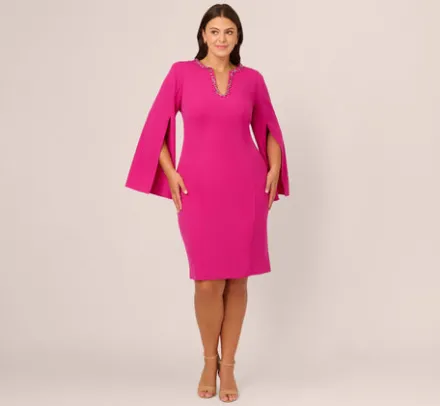 Adrianna Papell Wedding Guest Dresses|Day Dresses*Plus Size Knit Crepe Jewel Short Dress In Berry Rose