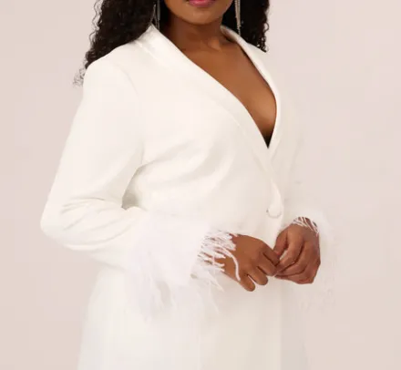 Adrianna Papell Formal Dresses|Cocktail Dresses*Plus Size Knit Crepe Long Sleeve Blazer Dress With Feather Trim In