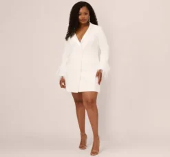 Adrianna Papell Formal Dresses|Cocktail Dresses*Plus Size Knit Crepe Long Sleeve Blazer Dress With Feather Trim In