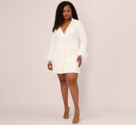 Adrianna Papell Formal Dresses|Cocktail Dresses*Plus Size Knit Crepe Long Sleeve Blazer Dress With Feather Trim In