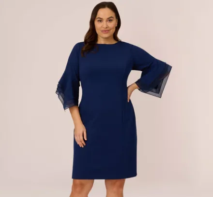 Adrianna Papell Wedding Guest Dresses|Day Dresses*Plus Size Knit Crepe Sheath Dress With Tiered Three Quarter Sleeves In Navy Sateen