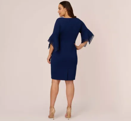 Adrianna Papell Wedding Guest Dresses|Day Dresses*Plus Size Knit Crepe Sheath Dress With Tiered Three Quarter Sleeves In Navy Sateen