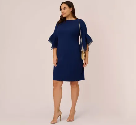 Adrianna Papell Wedding Guest Dresses|Day Dresses*Plus Size Knit Crepe Sheath Dress With Tiered Three Quarter Sleeves In Navy Sateen
