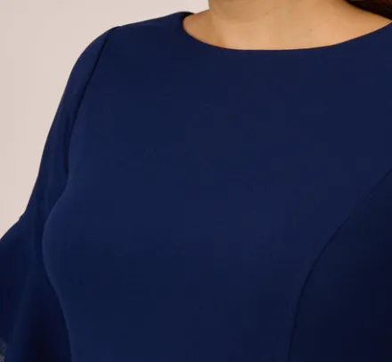 Adrianna Papell Wedding Guest Dresses|Day Dresses*Plus Size Knit Crepe Sheath Dress With Tiered Three Quarter Sleeves In Navy Sateen