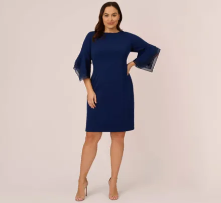 Adrianna Papell Wedding Guest Dresses|Day Dresses*Plus Size Knit Crepe Sheath Dress With Tiered Three Quarter Sleeves In Navy Sateen