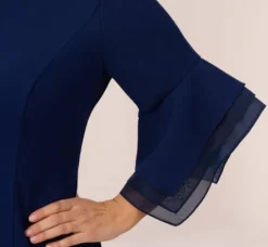 Adrianna Papell Wedding Guest Dresses|Day Dresses*Plus Size Knit Crepe Sheath Dress With Tiered Three Quarter Sleeves In Navy Sateen