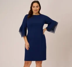 Adrianna Papell Wedding Guest Dresses|Day Dresses*Plus Size Knit Crepe Sheath Dress With Tiered Three Quarter Sleeves In Navy Sateen