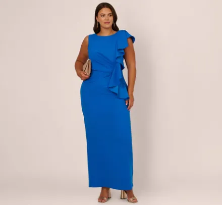 Adrianna Papell Wedding Guest Dresses|Formal Dresses*Plus Size Knit Crepe Sleeveless Column Gown With Draped Accent In Cool Cobalt
