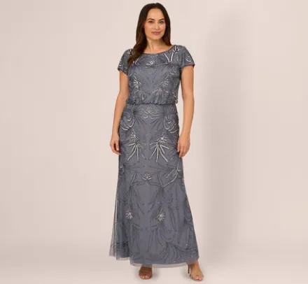 Adrianna Papell Wedding Guest Dresses|Formal Dresses*Plus Size Long Beaded Blouson Dress In Dusty Blue