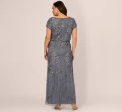 Adrianna Papell Wedding Guest Dresses|Formal Dresses*Plus Size Long Beaded Blouson Dress In Dusty Blue