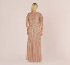 Adrianna Papell Wedding Guest Dresses|Formal Dresses*Plus Size Long Floral Beaded Gown With Flutter Sleeves In Rose Gold