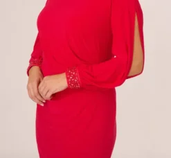Adrianna Papell Wedding Guest Dresses|Day Dresses*Plus Size Long Sleeve Draped Jersey Dress With Beaded Cuffs In Hot Ruby