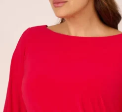 Adrianna Papell Wedding Guest Dresses|Day Dresses*Plus Size Long Sleeve Draped Jersey Dress With Beaded Cuffs In Hot Ruby