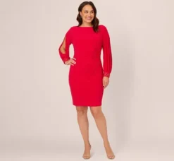 Adrianna Papell Wedding Guest Dresses|Day Dresses*Plus Size Long Sleeve Draped Jersey Dress With Beaded Cuffs In Hot Ruby