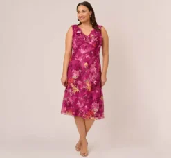 Adrianna Papell Wedding Guest Dresses|Day Dresses*Plus Size Metallic Floral Chiffon Midi Dress With Ruffled Neckline In Raspberry Multi