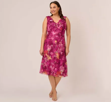 Adrianna Papell Wedding Guest Dresses|Day Dresses*Plus Size Metallic Floral Chiffon Midi Dress With Ruffled Neckline In Raspberry Multi