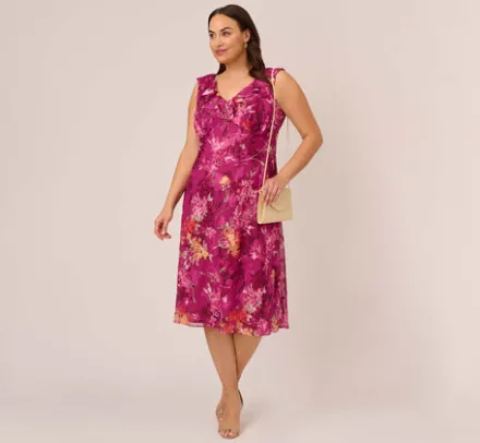 Adrianna Papell Wedding Guest Dresses|Day Dresses*Plus Size Metallic Floral Chiffon Midi Dress With Ruffled Neckline In Raspberry Multi