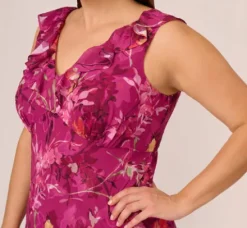 Adrianna Papell Wedding Guest Dresses|Day Dresses*Plus Size Metallic Floral Chiffon Midi Dress With Ruffled Neckline In Raspberry Multi