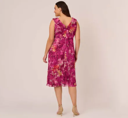Adrianna Papell Wedding Guest Dresses|Day Dresses*Plus Size Metallic Floral Chiffon Midi Dress With Ruffled Neckline In Raspberry Multi