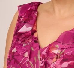 Adrianna Papell Wedding Guest Dresses|Day Dresses*Plus Size Metallic Floral Chiffon Midi Dress With Ruffled Neckline In Raspberry Multi