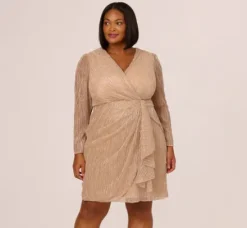 Adrianna Papell Wedding Guest Dresses|Day Dresses*Plus Size Metallic Long Sleeve Dress With Draped Details In Light Gold