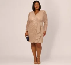 Adrianna Papell Wedding Guest Dresses|Day Dresses*Plus Size Metallic Long Sleeve Dress With Draped Details In Light Gold
