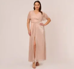 Adrianna Papell Wedding Guest Dresses|Formal Dresses*Plus Size Metallic Mesh Draped Gown In Rose Gold