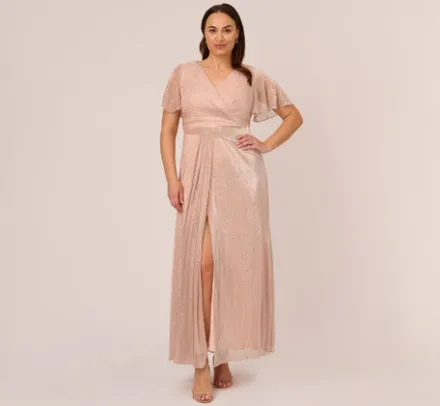 Adrianna Papell Wedding Guest Dresses|Formal Dresses*Plus Size Metallic Mesh Draped Gown In Rose Gold