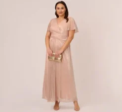Adrianna Papell Wedding Guest Dresses|Formal Dresses*Plus Size Metallic Mesh Draped Gown In Rose Gold