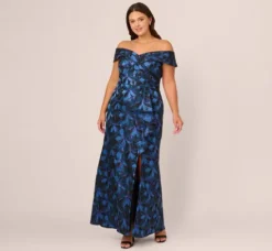 Adrianna Papell Wedding Guest Dresses|Formal Dresses*Plus Size Off Shoulder Jacquard Gown In Blue Multi