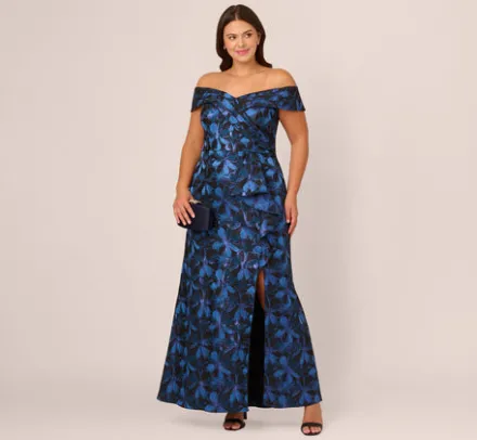Adrianna Papell Wedding Guest Dresses|Formal Dresses*Plus Size Off Shoulder Jacquard Gown In Blue Multi