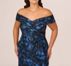 Adrianna Papell Wedding Guest Dresses|Formal Dresses*Plus Size Off Shoulder Jacquard Gown In Blue Multi