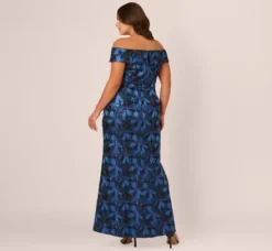 Adrianna Papell Wedding Guest Dresses|Formal Dresses*Plus Size Off Shoulder Jacquard Gown In Blue Multi