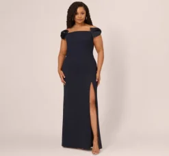 Adrianna Papell Wedding Guest Dresses|Formal Dresses*Plus Size Off The Shoulder Crepe Column Gown With Bow Accents In