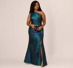 Adrianna Papell Wedding Guest Dresses|Formal Dresses*Plus Size One Shoulder Jacquard Mermaid Gown With Drape Detail In Cobalt Teal
