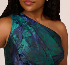Adrianna Papell Wedding Guest Dresses|Formal Dresses*Plus Size One Shoulder Jacquard Mermaid Gown With Drape Detail In Cobalt Teal
