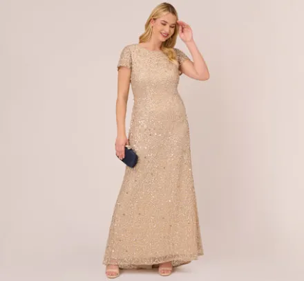 Adrianna Papell Wedding Guest Dresses|Formal Dresses*Plus Size Scoop Back Sequin Gown In