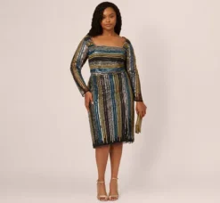 Adrianna Papell Wedding Guest Dresses|Petite-Friendly*Plus Size Sequin Beaded Sheath Dress With Sheer Long Sleeves In Black Blue Multi