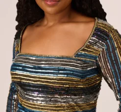 Adrianna Papell Wedding Guest Dresses|Petite-Friendly*Plus Size Sequin Beaded Sheath Dress With Sheer Long Sleeves In Black Blue Multi