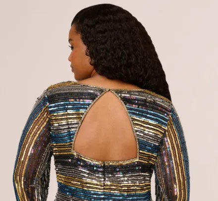 Adrianna Papell Wedding Guest Dresses|Petite-Friendly*Plus Size Sequin Beaded Sheath Dress With Sheer Long Sleeves In Black Blue Multi