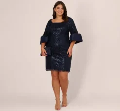 Adrianna Papell Wedding Guest Dresses|Petite-Friendly*Plus Size Sequin Embroidered Dress With Taffeta Bell Sleeves In