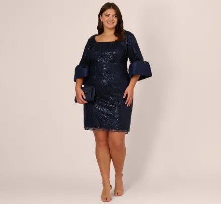 Adrianna Papell Wedding Guest Dresses|Petite-Friendly*Plus Size Sequin Embroidered Dress With Taffeta Bell Sleeves In