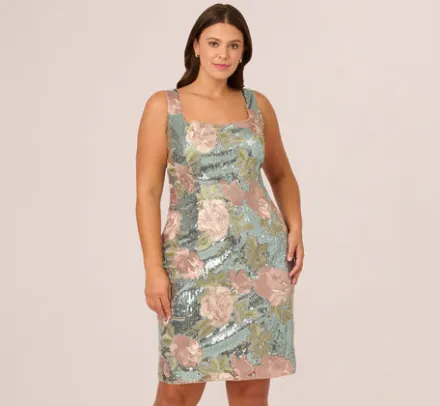 Adrianna Papell Wedding Guest Dresses|Formal Dresses*Plus Size Sequin Embroidery Short Dress In Sage Multi