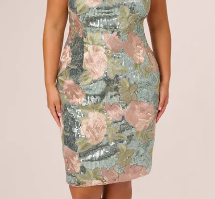 Adrianna Papell Wedding Guest Dresses|Formal Dresses*Plus Size Sequin Embroidery Short Dress In Sage Multi