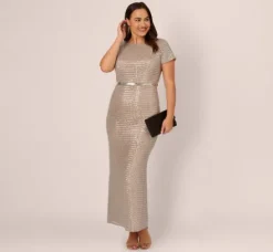 Adrianna Papell Wedding Guest Dresses|Formal Dresses*Plus Size Sequin Short Sleeve Column Gown With Embellished Waist In Silver Nude