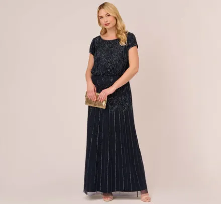 Adrianna Papell Wedding Guest Dresses|Formal Dresses*Plus Size Short Sleeve Blouson Beaded Gown In